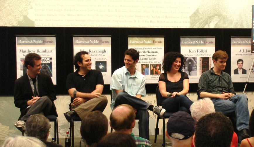The ASCAP Young Musical Theatre Composers’ panel at Barnes & Noble. Left to right: Andrew, Kleban Award-winner Jeremy Desmon (The Girl in the Frame), Tom Kitt (High Fidelity, Next to Normal), Marcy Heisler (Junie B. Jones, Ever After), and Kleban Award-winner Lawrence O’Keefe (Bat Boy, Legally Blonde)